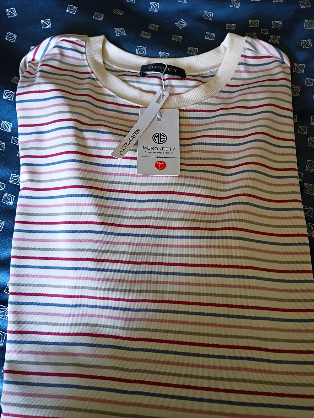 Merokeety Striped Crewneck Tee in White with Red & Navy Stripes. Women’s